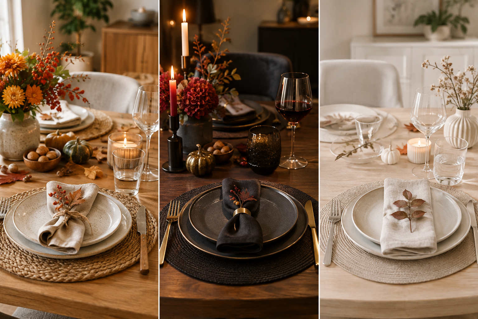 Een herfsttafel in drie stijlen, opgebouwd rond placemats